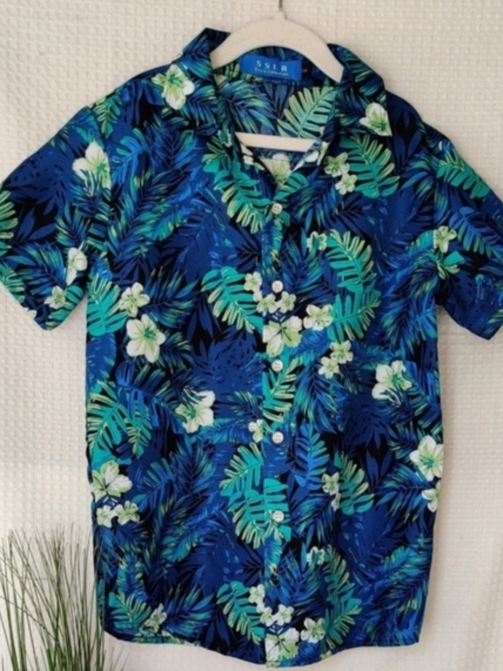 SSLR Boy's Collection Blue and Green HawaiBlue Tropical Print Short-Sleeve Shirt